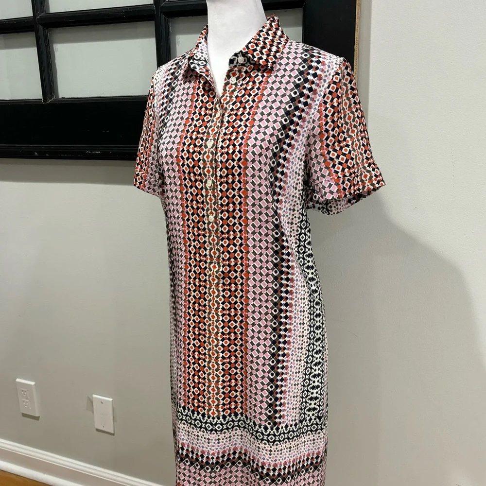 J. Crew Silk Shirt Dress Multicolor Geometric Print Career Casual Resort Size 2